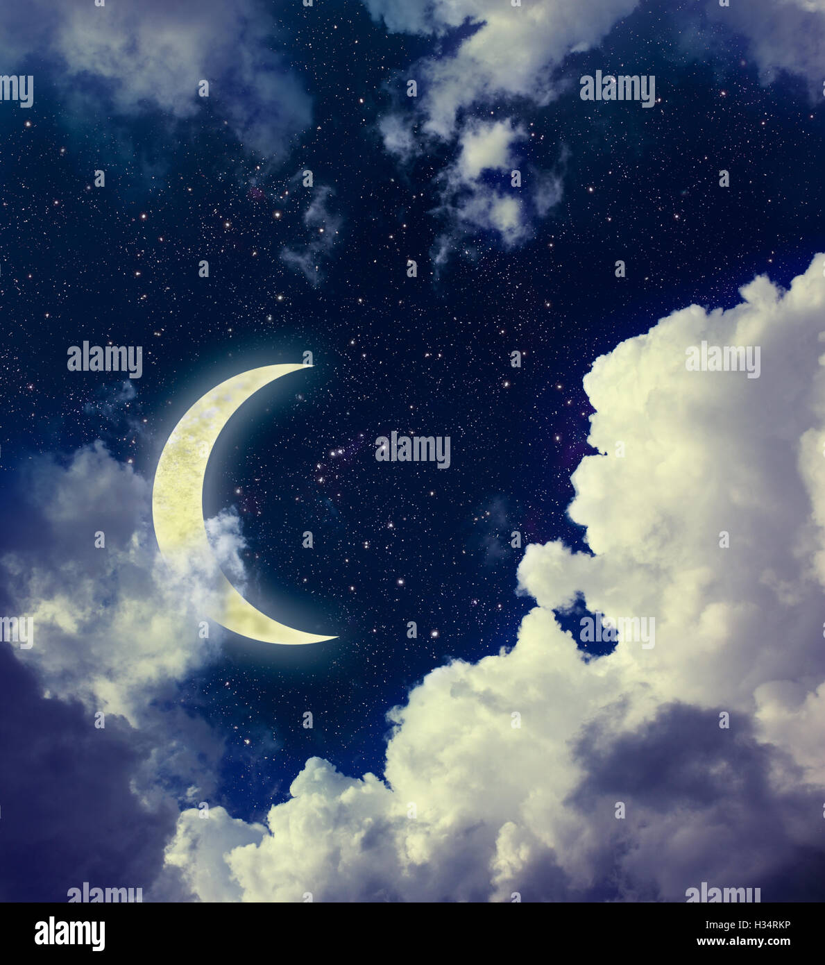 Dark Sky With Clouds Stars And Crescent Moon Stock Photo 122422938