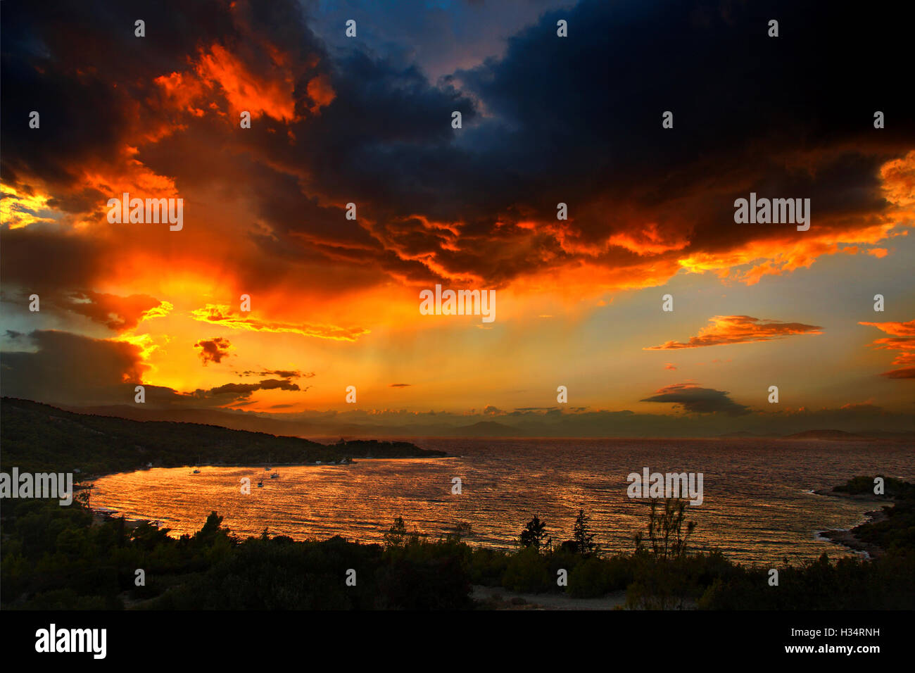 Sunset at Zogeria, Spetses island, Attica, Greece. Stock Photo