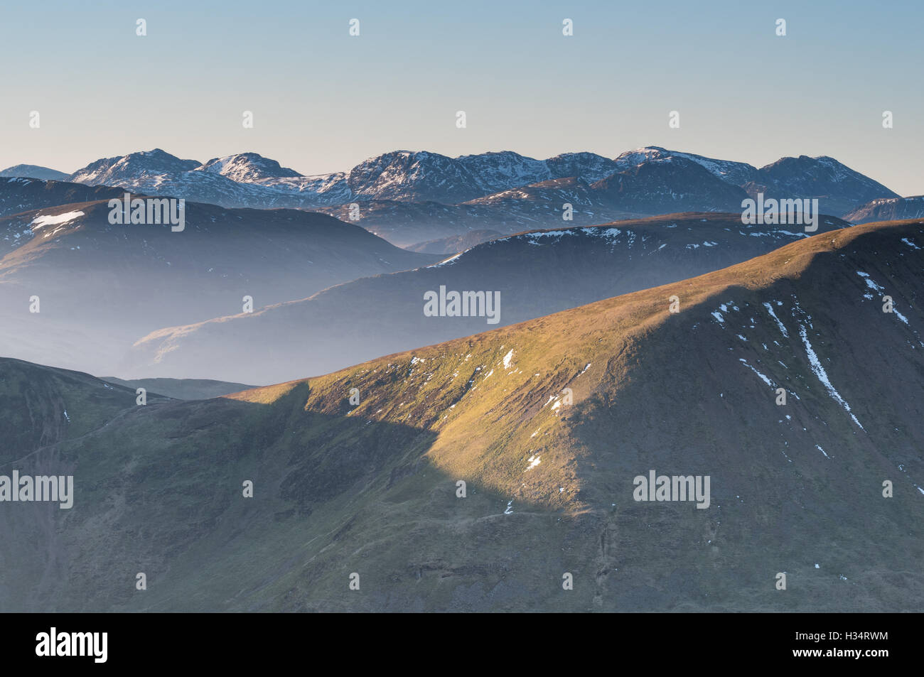 View from Grisedale Pike over towards the Scafell range of mountains, in the English Lake District national park, UK Stock Photo
