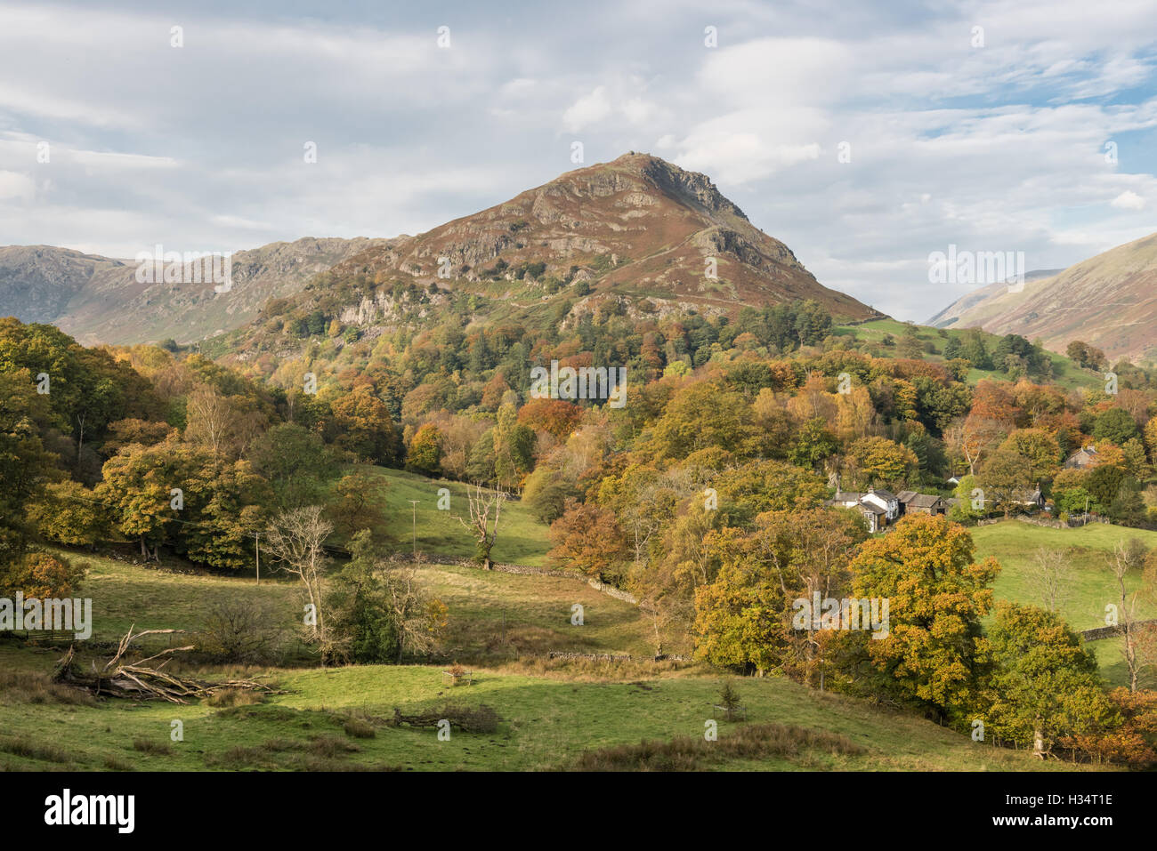 View of Helm Crag and Steel Fell near Grasmere in autumn, English Lake DIstrict national park, UK Stock Photo