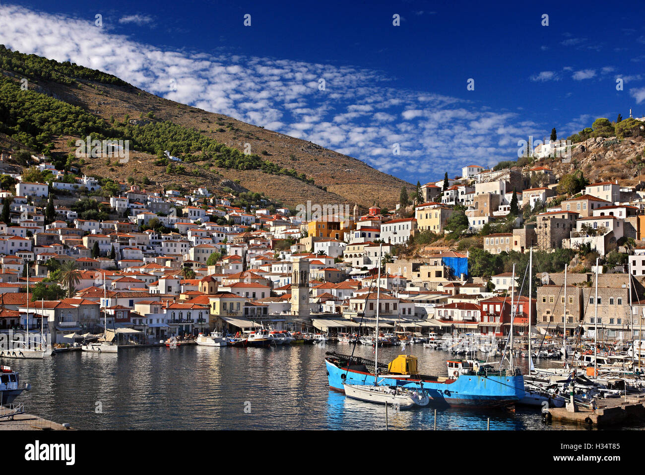 View of the port of Hydra town, Hydra island, Attica, Greece. Stock Photo