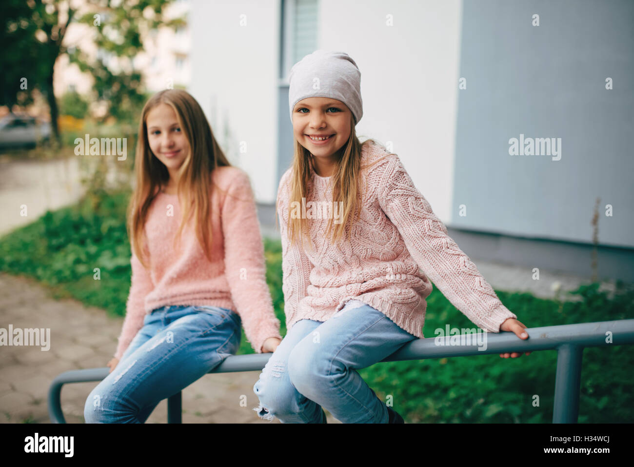two beautiful girls on the street Stock Photo