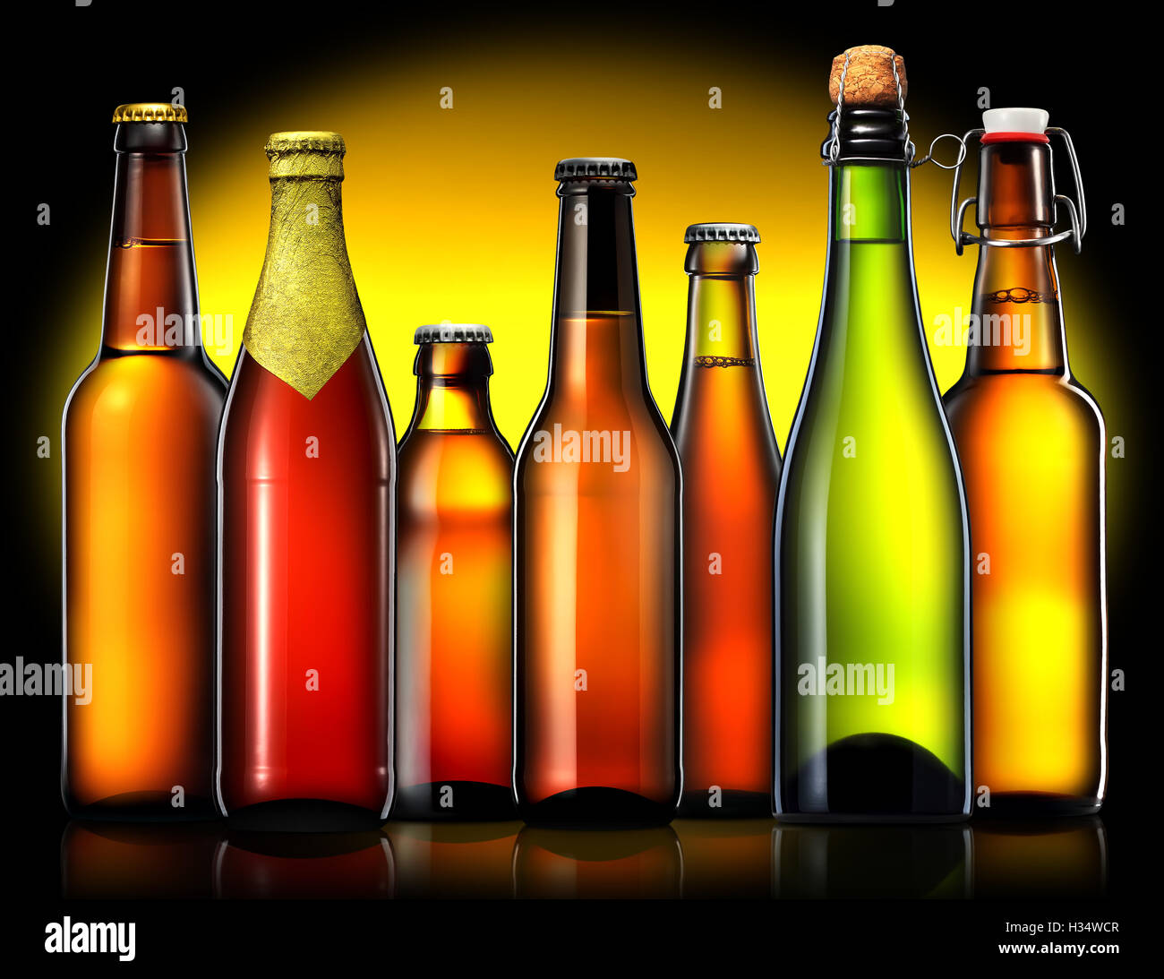 Set of beer bottles isolated on black background Stock Photo - Alamy