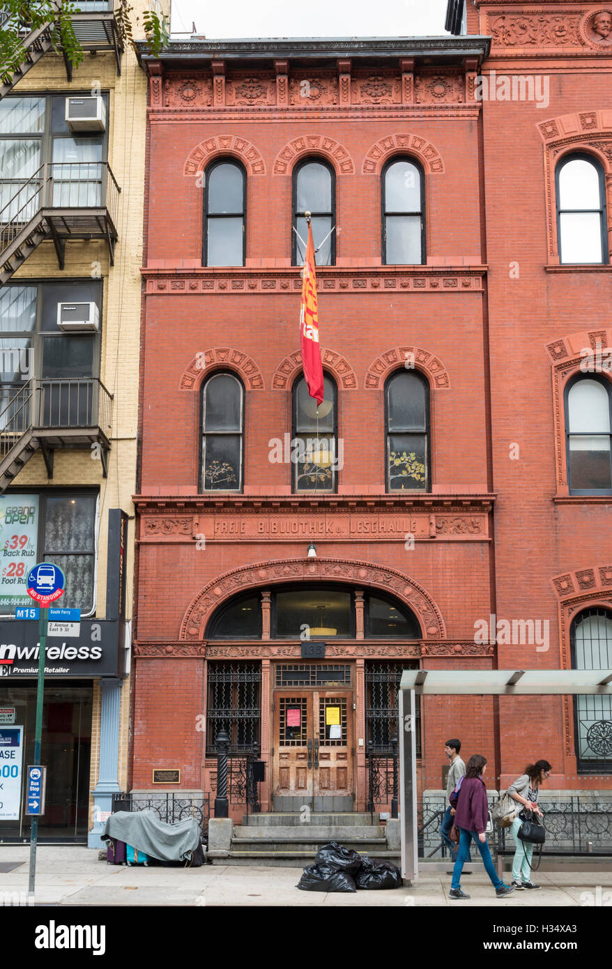 Freie Bibliothek und Lesehalle, now the Ottendorfer Public Library landmarked building in Lower East Side, New York Stock Photo