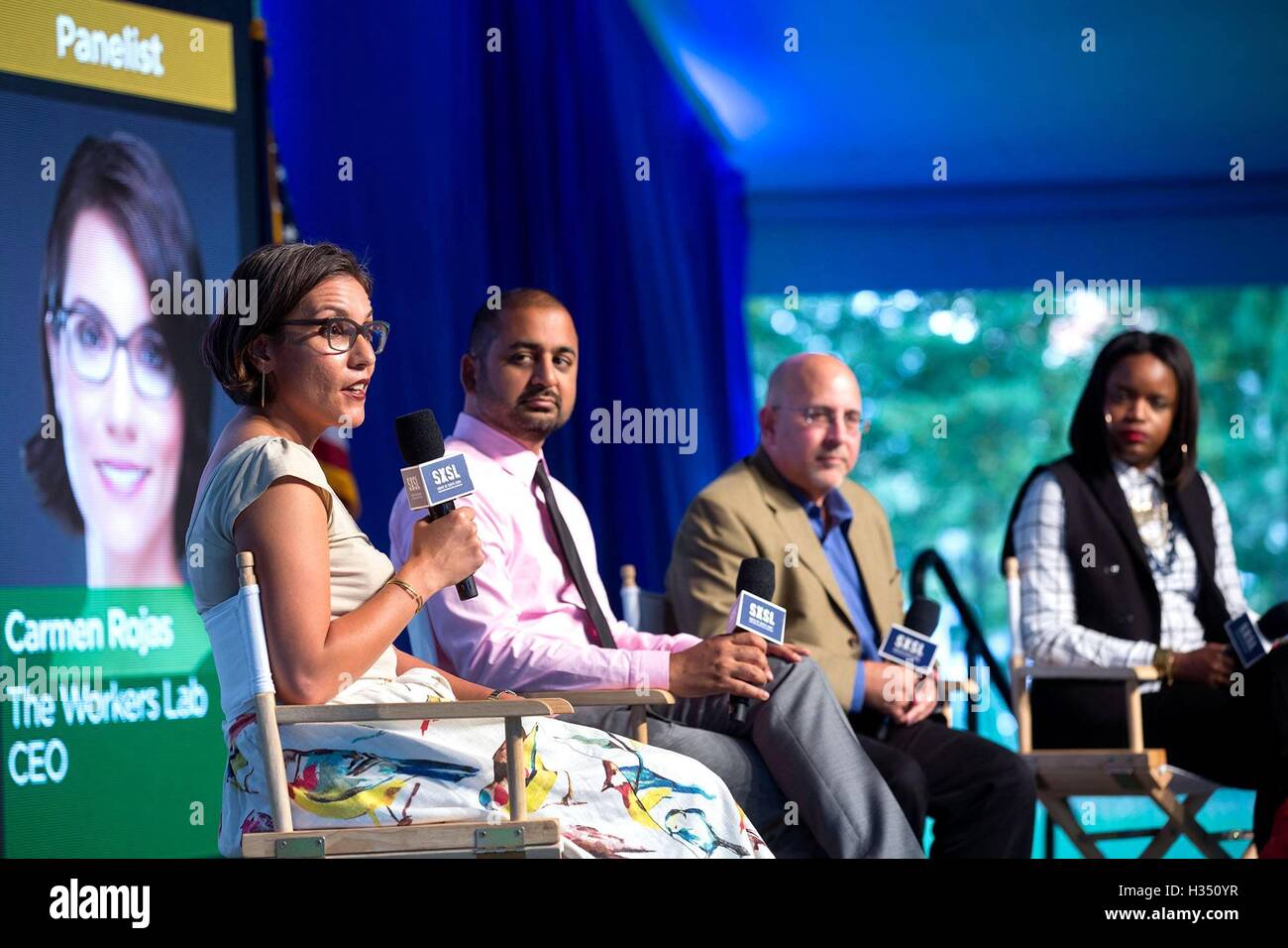 Washington DC, USA. 3rd October, 2016. Carmen Rojas, Anil Dash, Evan Wolfson and Britttany Packnett participate in a panel discussion 'How We Make Change' during the South by South Lawn festival on the South Lawn of the White House October 3, 2016 in Washington, DC. The event is inspired by the South by Southwest festival and includes arts, film, entertainment and technology. Credit:  Planetpix/Alamy Live News Stock Photo