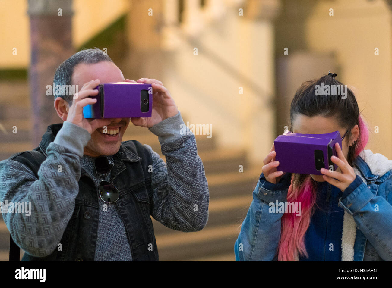 Aberystwyth, Wales, UK. 5th October, 2016.  Visitors to Aberystwyth University taking a Virtual Reality tour of the surface of the planet Mars , as part of the annual World Space Week (October 4-10 2016)  Set up by an United Nations declaration in 1999, World Space Week has grown into the largest public space event on Earth. More than 1,800 events in 73 countries celebrate the benefits of space and excitement about space exploration   photo Credit:  Keith Morris / Alamy Live News Stock Photo