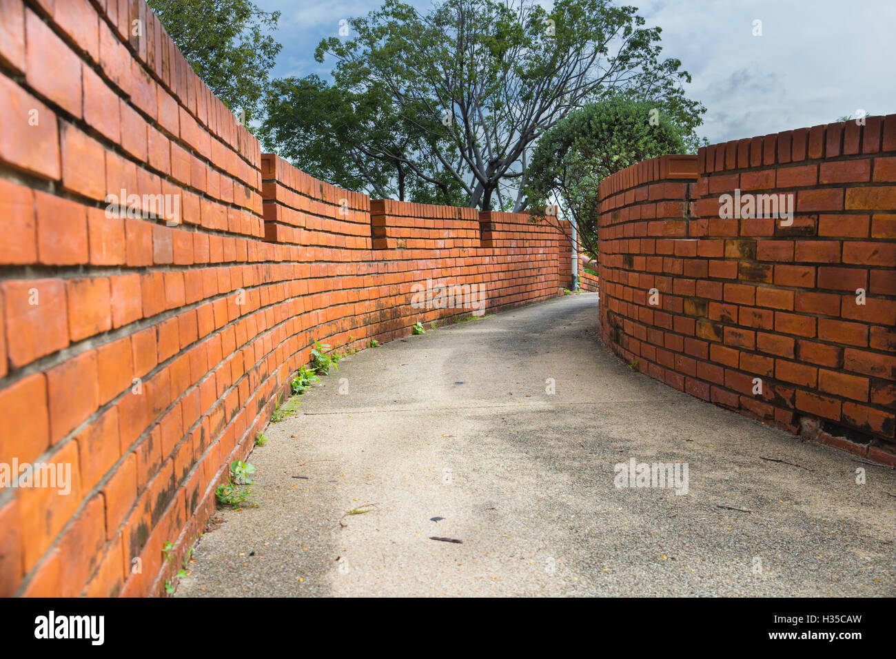 wall two side of narrow walkway between two buildings Two brick wall. Stock Photo