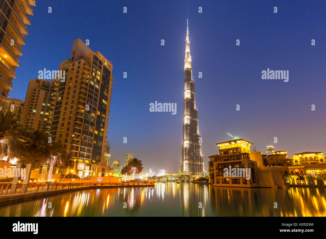 Dubai Burj Khalifa and skyscrapers at night, Dubai City, United Arab Emirates, Middle East Stock Photo