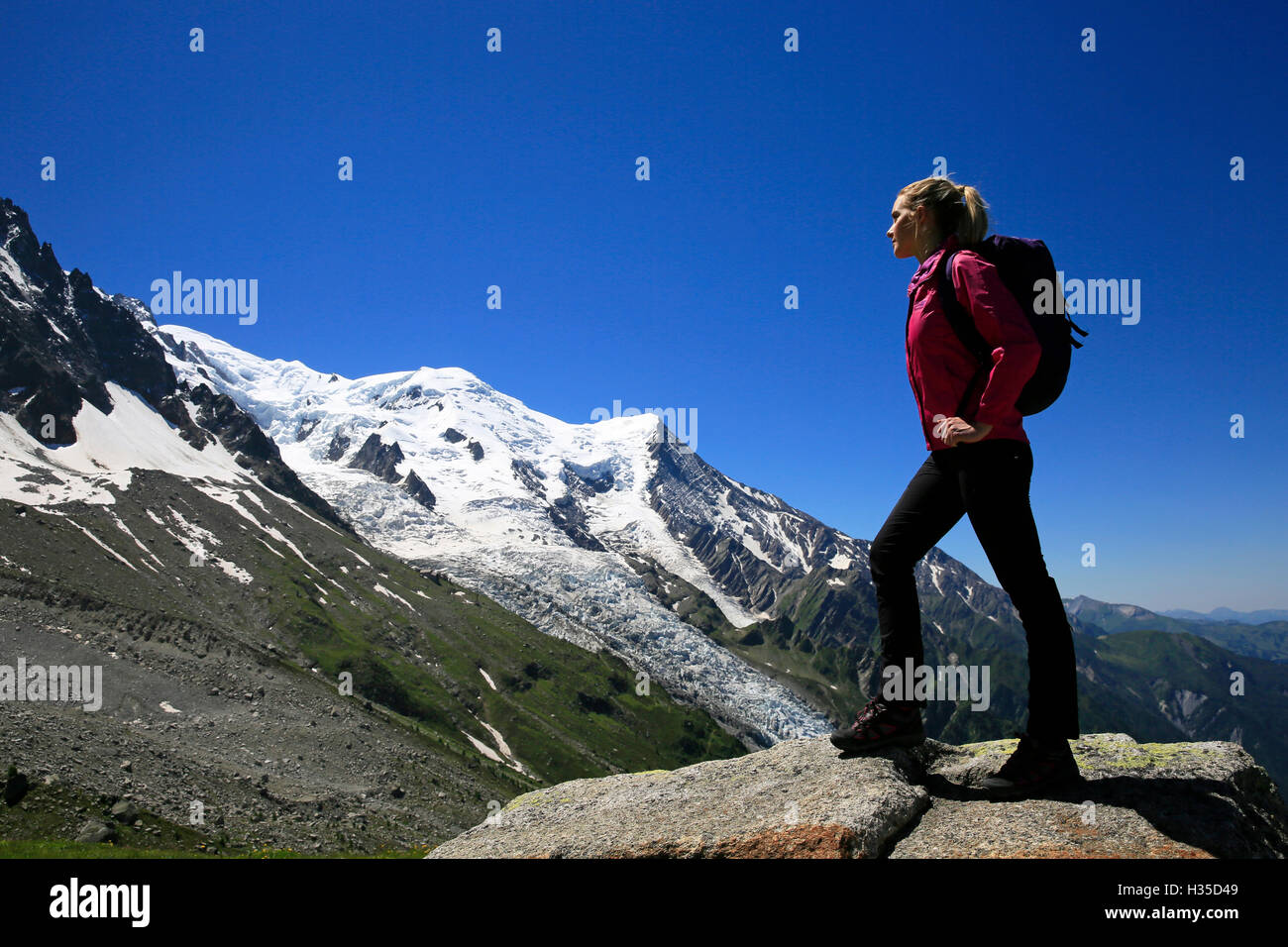 A hiker in the Mont Blanc Massif, Chamonix, Haute Savoie, French Alps, France, Europe Stock Photo