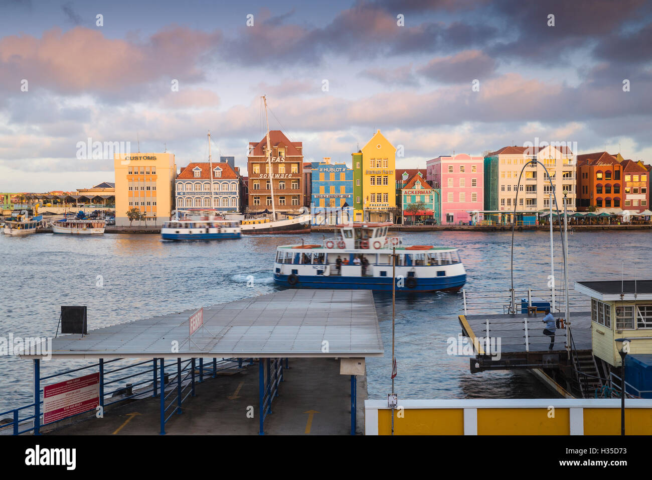 View of Otrobanda ferry terminal and Dutch colonial buildings, UNESCO, Willemstad, Curacao, Lesser Antilles, Caribbean Stock Photo