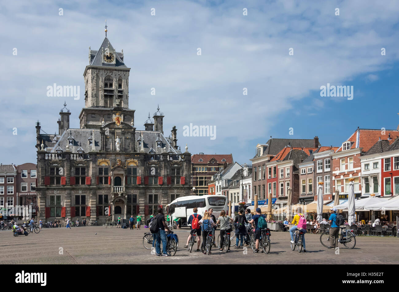 City Hall, Main Square, local cyclists, Delft, Holland Stock Photo