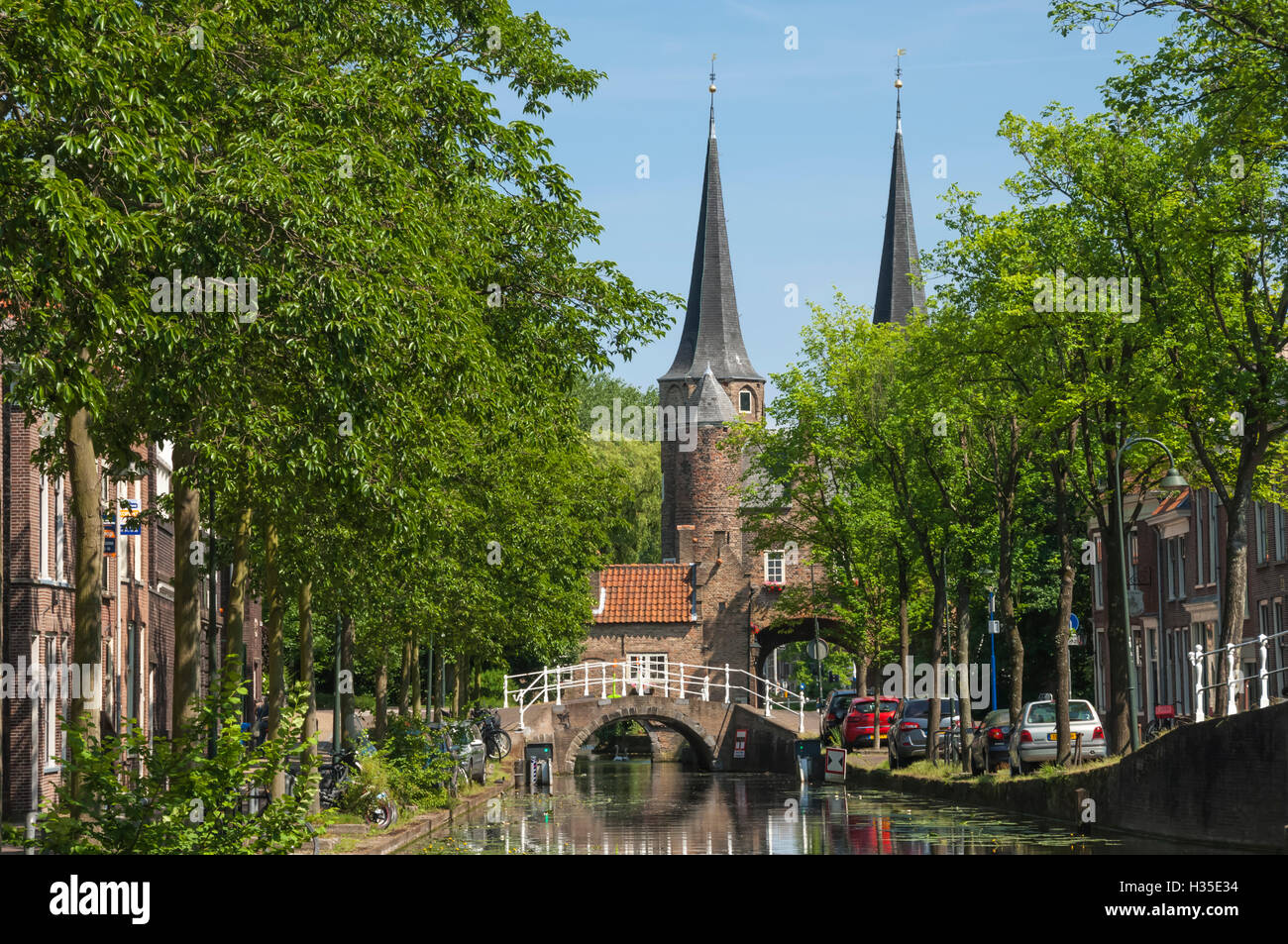Canal scene with bridge, Delft, Holland Stock Photo