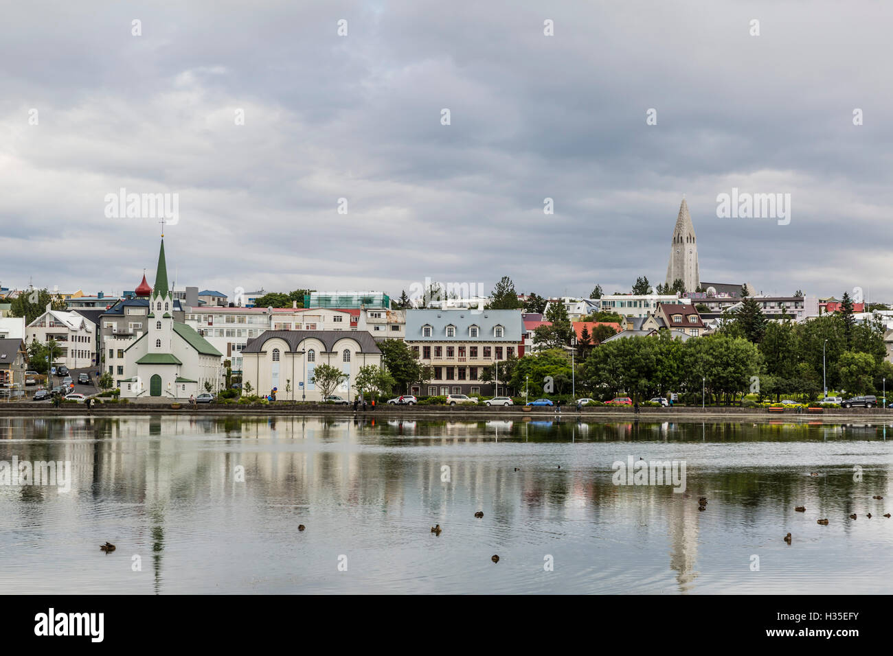 A view across the Pond of downtown Reykjavik, Iceland, Polar Regions Stock Photo