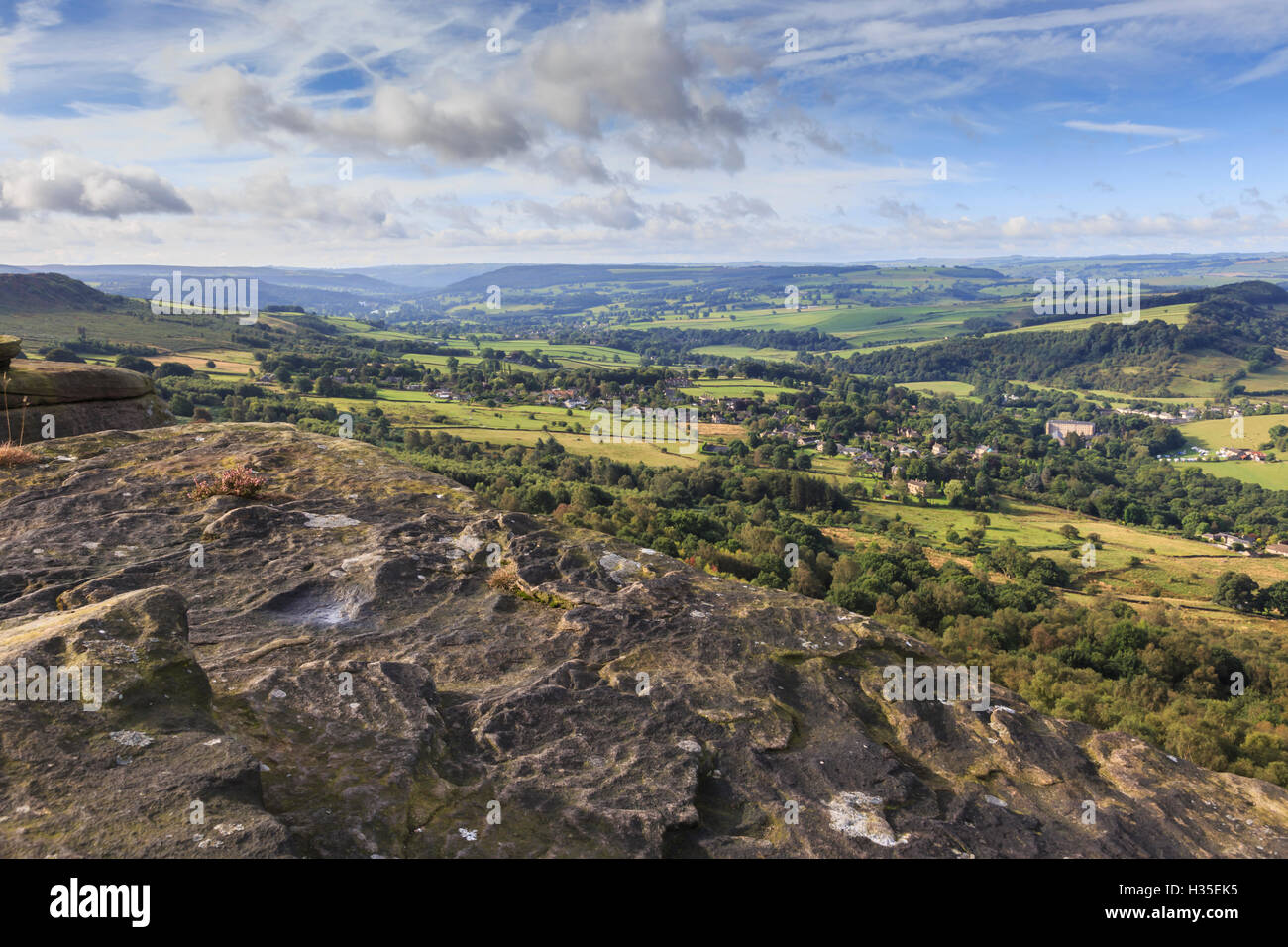 View towards Chatsworth from Curbar Edge, with Calver and Curbar villages, Peak District National Park, Derbyshire, England, UK Stock Photo