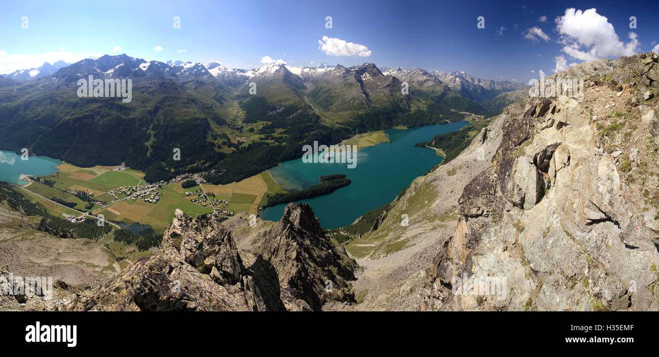 Panoramic view of lakes, St. Moritz, Engadine, Canton of Graubunden, Switzerland Stock Photo