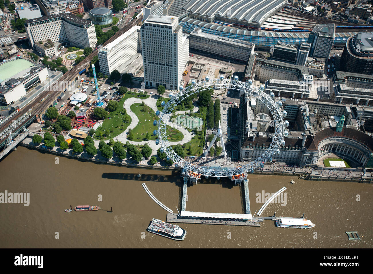 Aerial view of the London Eye and River Thames, London, England, UK Stock Photo