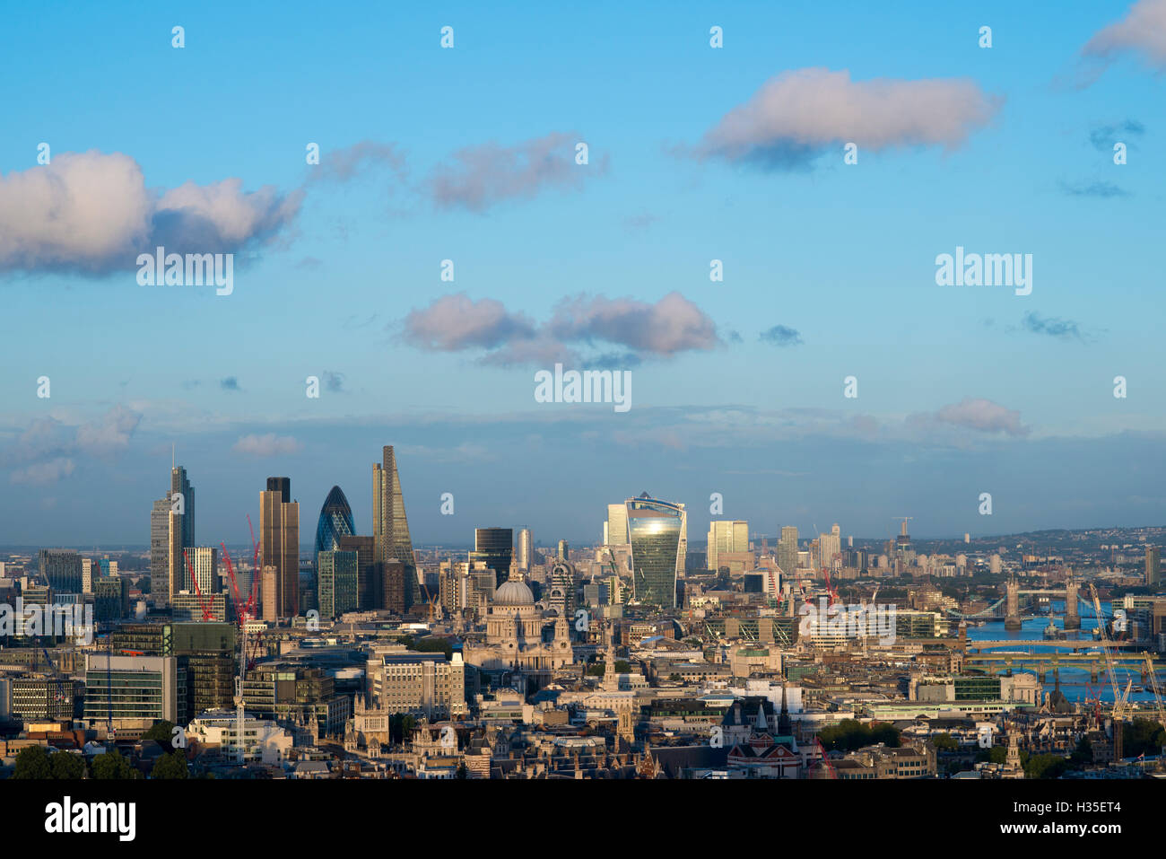 Vew of London skyline and the River Thames from the top of Centre Point tower, The Gerkin, Tate Modern, Tower Bridge, London, UK Stock Photo