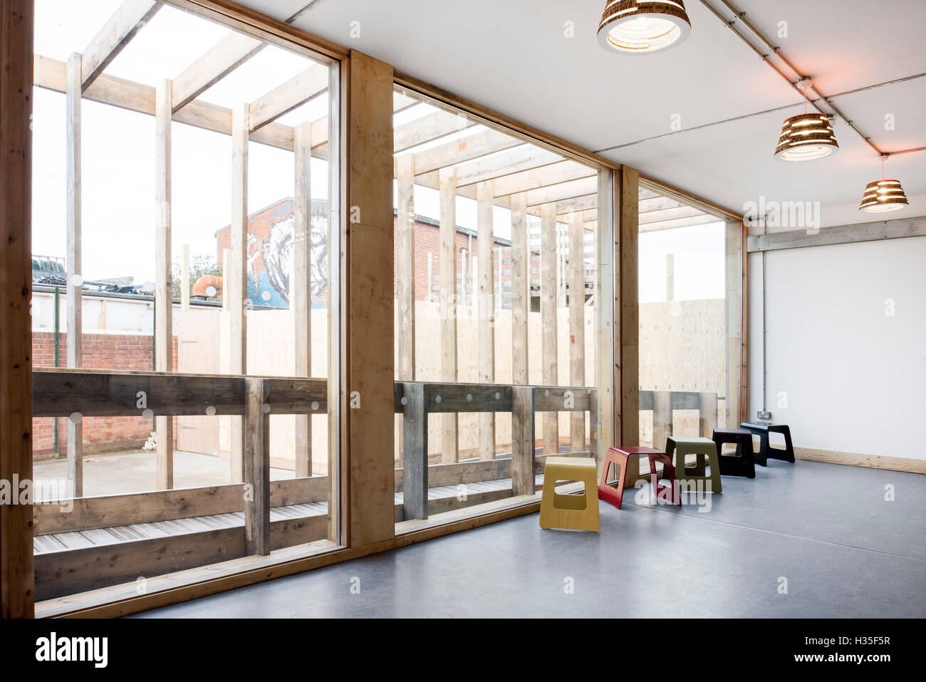 Interior view of hub 67, a temporary community centre in Hackney Wick, London, UK. Stock Photo