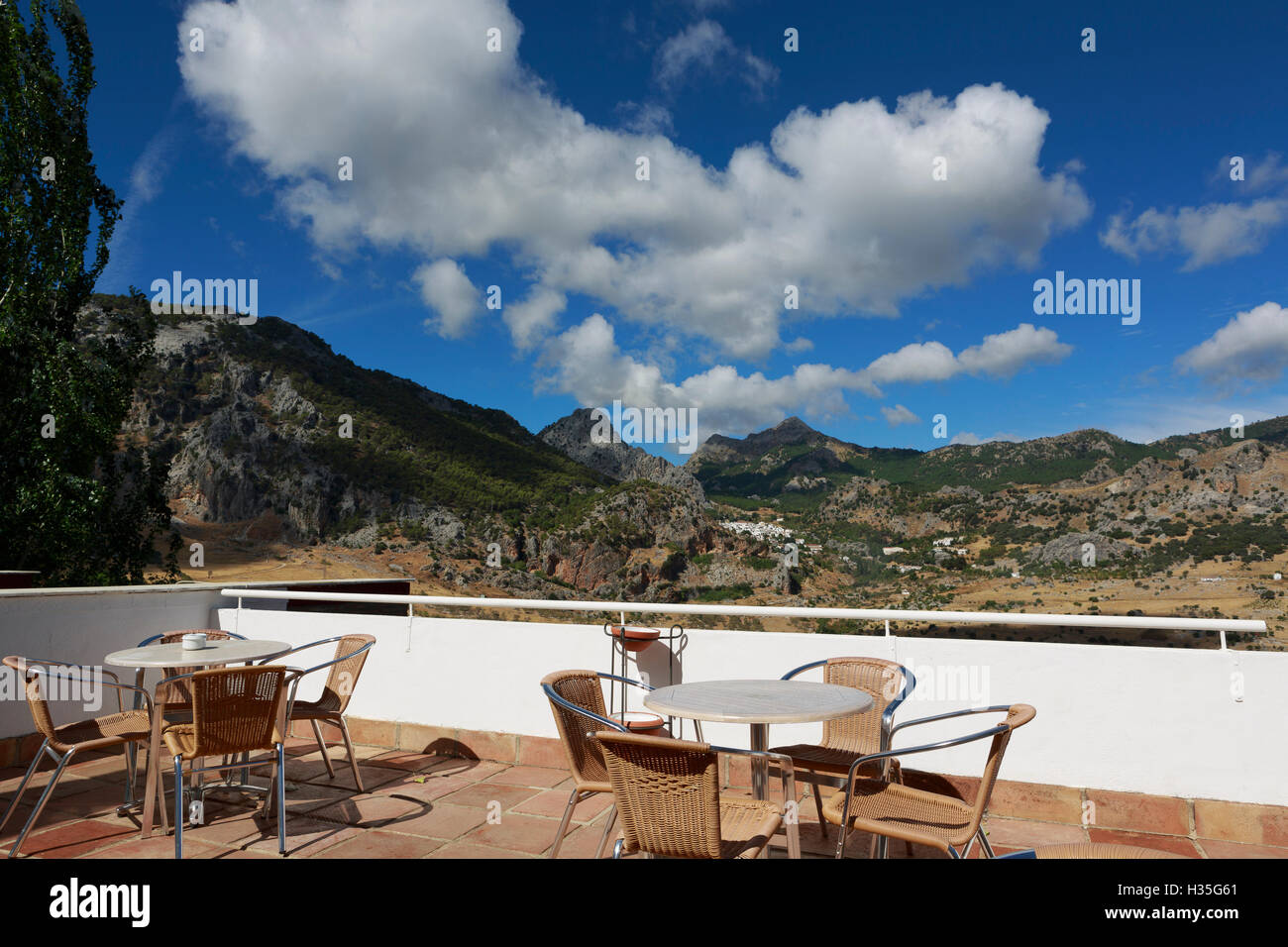 Andalusia Spain A General View Of The Terrace In Hotel Fuerte Grazalema In The Background Parque Natural Sierra De Grazalema Stock Photo Alamy