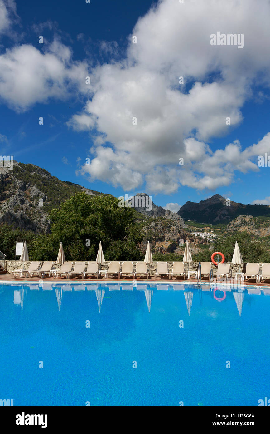 Andalusia, Spain. A general view of the pool Hotel Fuerte Grazalema in the background Parque Natural Sierra de Grazalema. Pako M Stock Photo