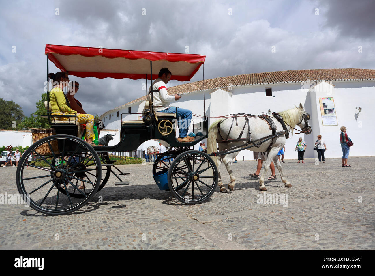 Andalusia, Spain. Horse carriage in Ronda. front bullfighting arena. Pako Mera Stock Photo