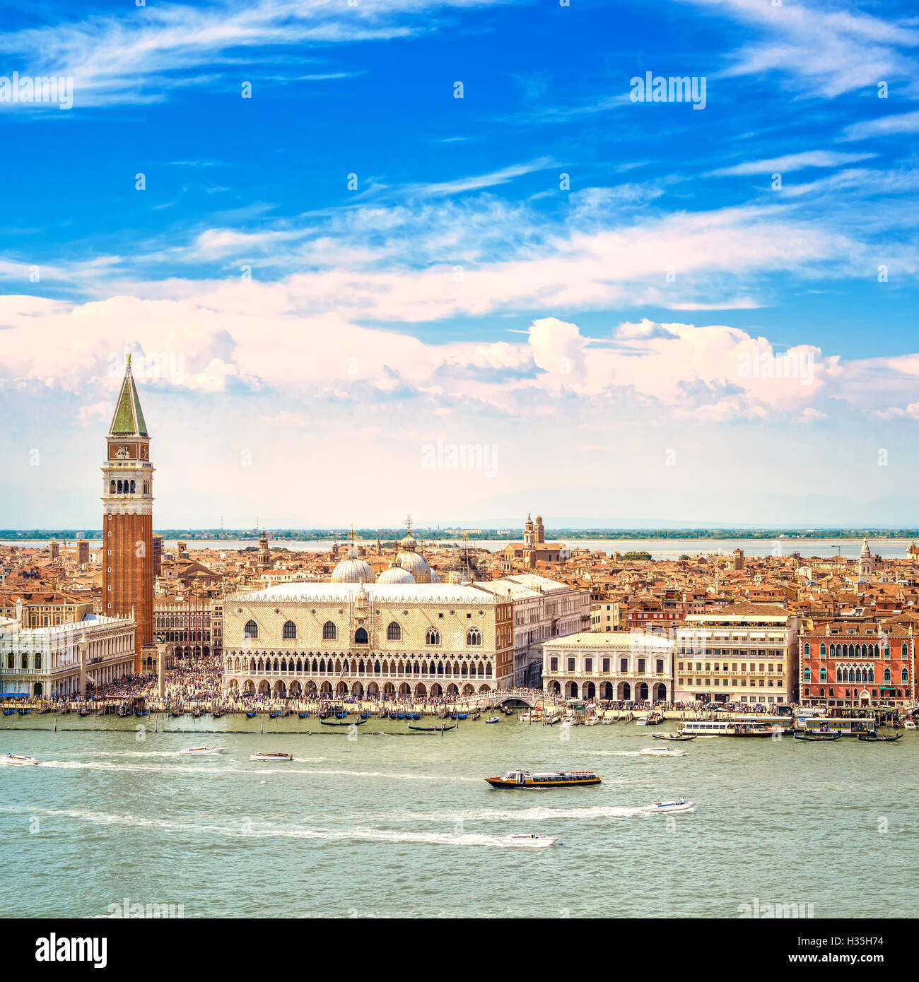 Venice landmark, aerial view of Piazza San Marco or st Mark square, Campanile and Ducale or Doge Palace. Italy, Europe. Stock Photo