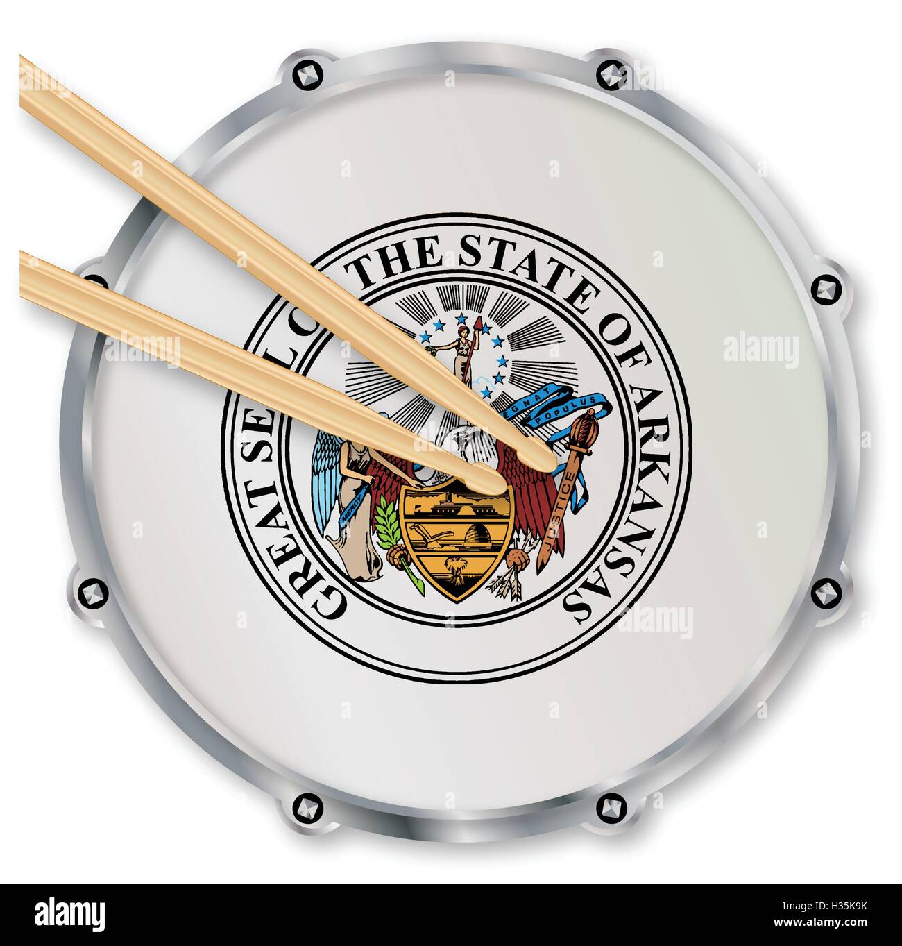 Arkansas state seal snare drum batter head with tuning screws and with  drumsticks over a white background Stock Vector Image & Art - Alamy