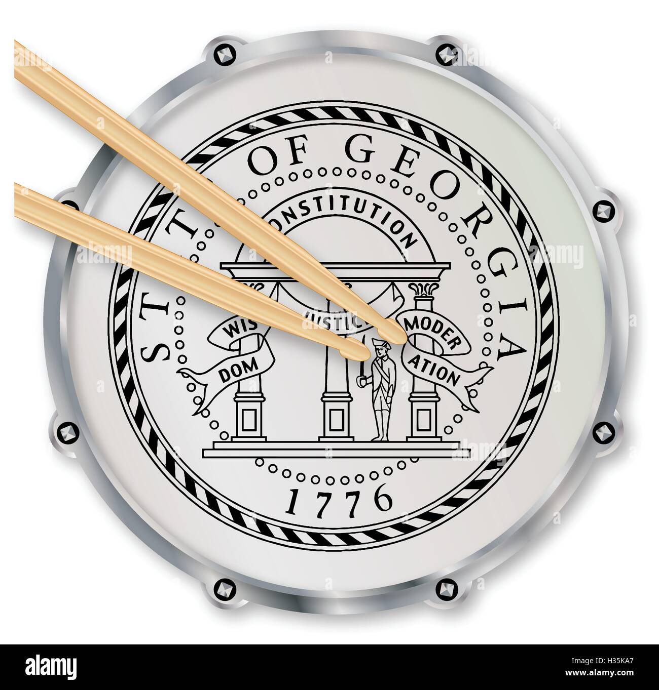 Georgia state seal snare drum batter head with tuning screws and  with drumsticks over a white background Stock Vector