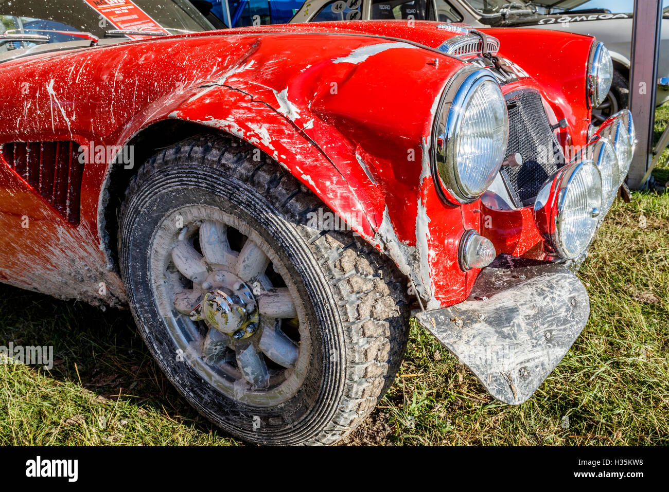 Front end damage on the 1967 Austin Healey 3000 mk3 of Michael Darcey at the 2016 Goodwood Festival of Speed, Sussex, UK Stock Photo