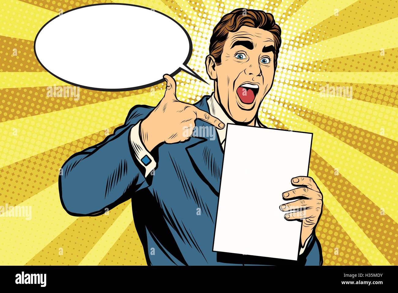Happy male with the document or diploma Stock Vector