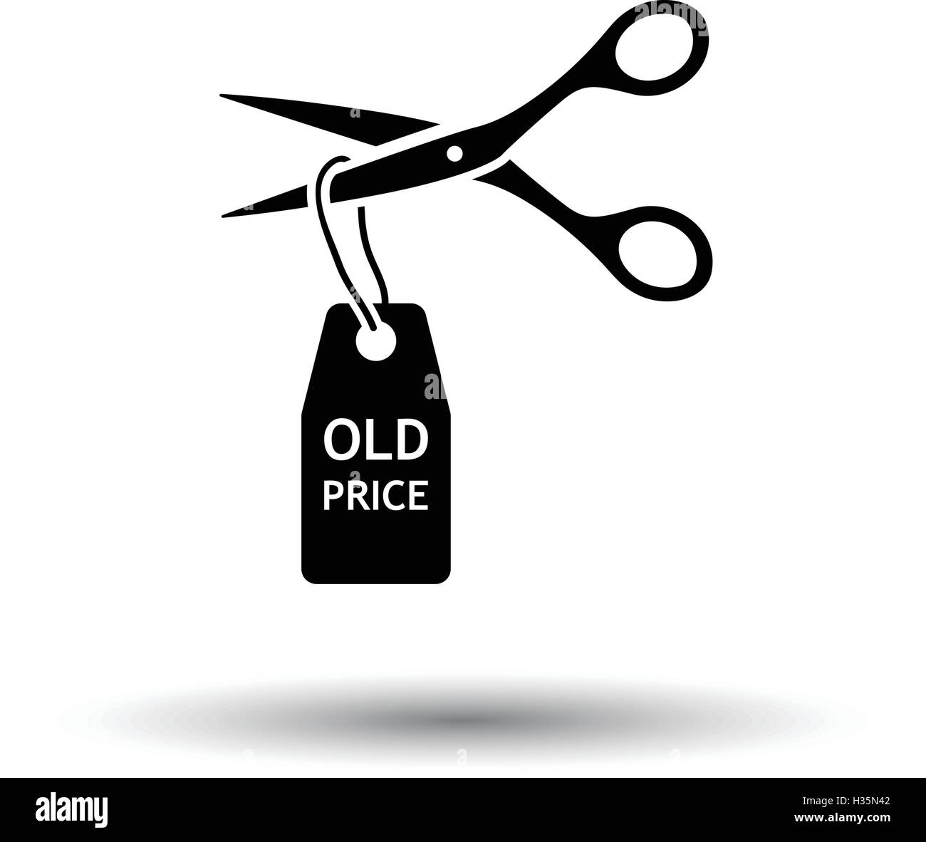 Scissors cut old price tag icon. White background with shadow design