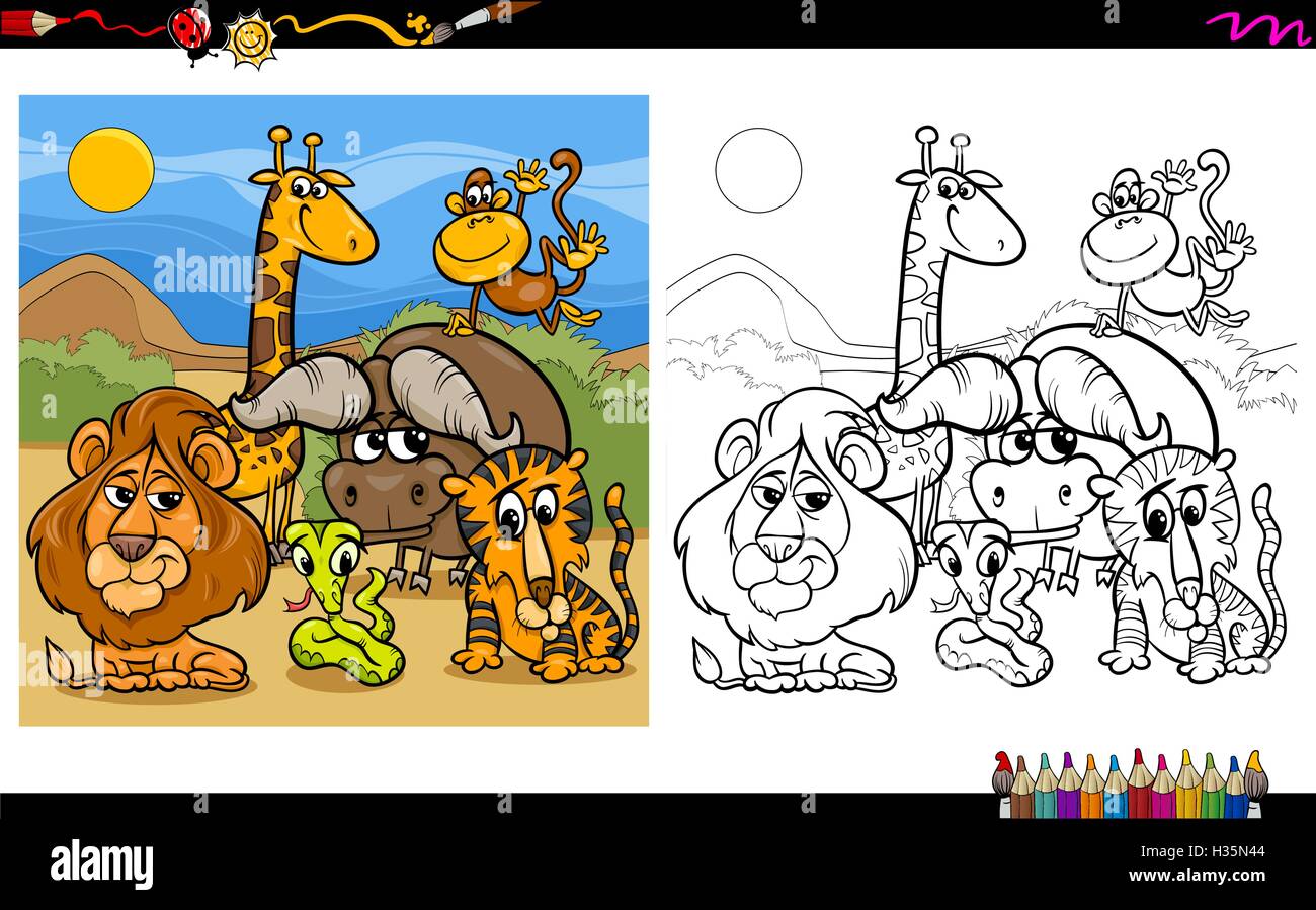 Cartoon Illustration of Safari Animal Characters Coloring Page Stock ...