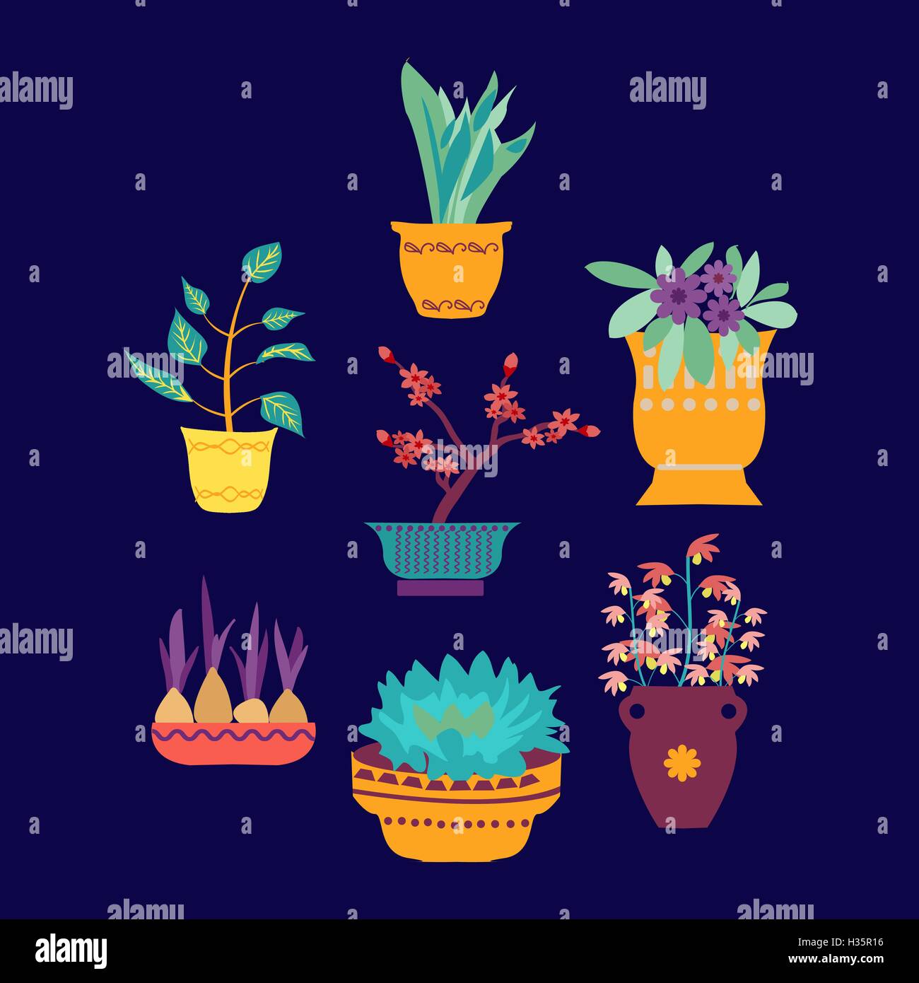 vector set of cute house plants in pots Stock Vector