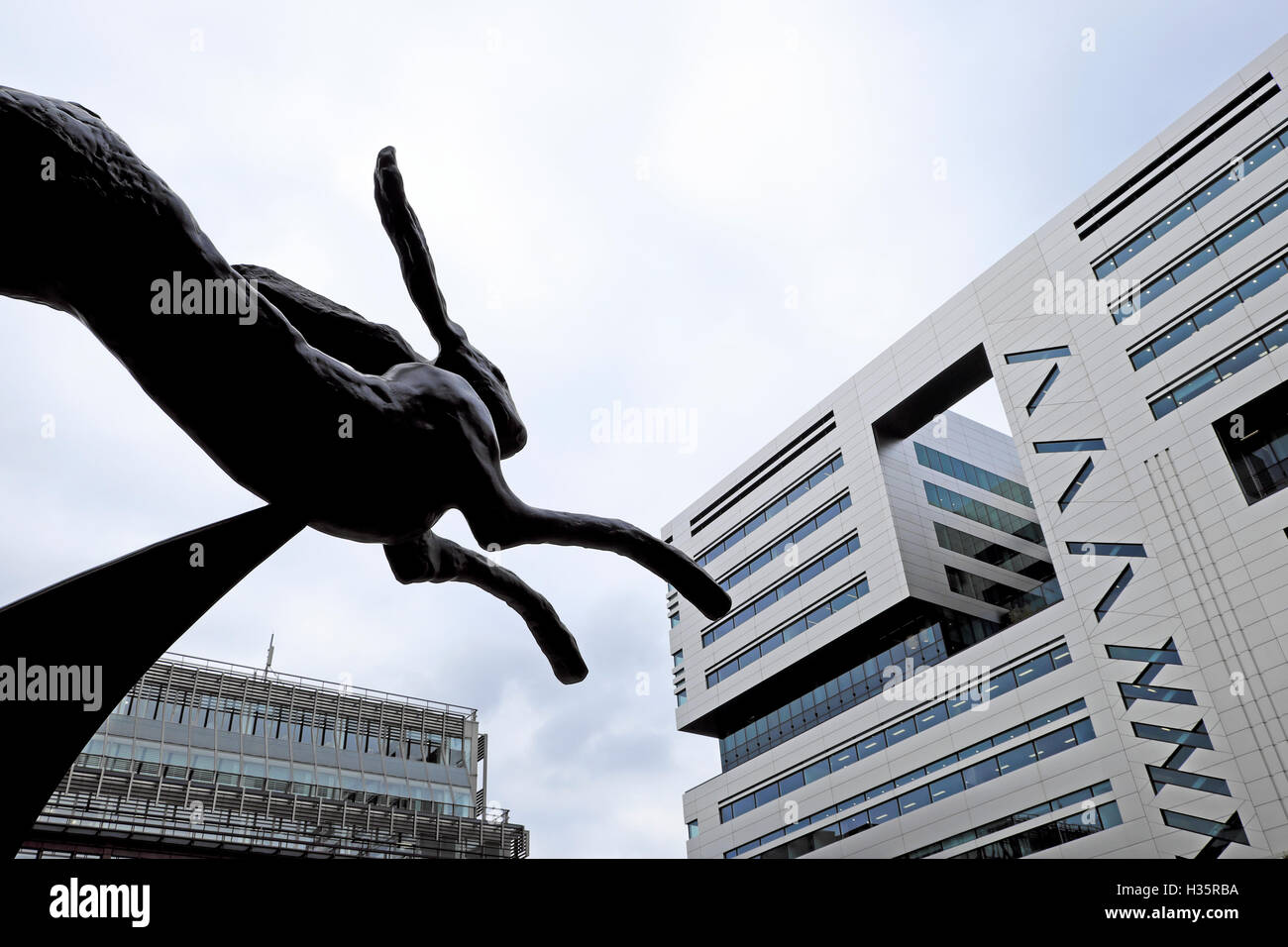 Hare sculpture leaping at Broadgate Circle financial centre and 5 Broadgate office building in The City of London UK  KATHY DEWITT Stock Photo