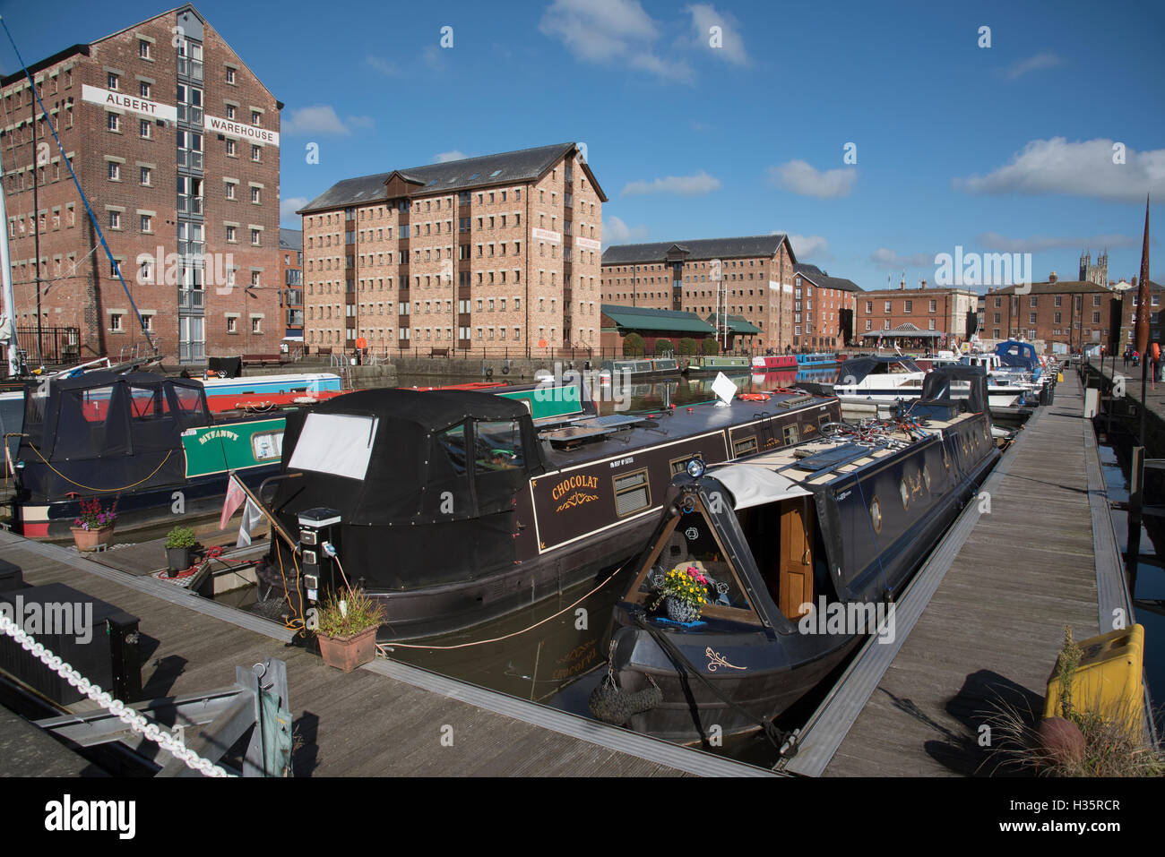 Gloucester Docks Gloucestershire England UK. Narrowboats berthed with a ...