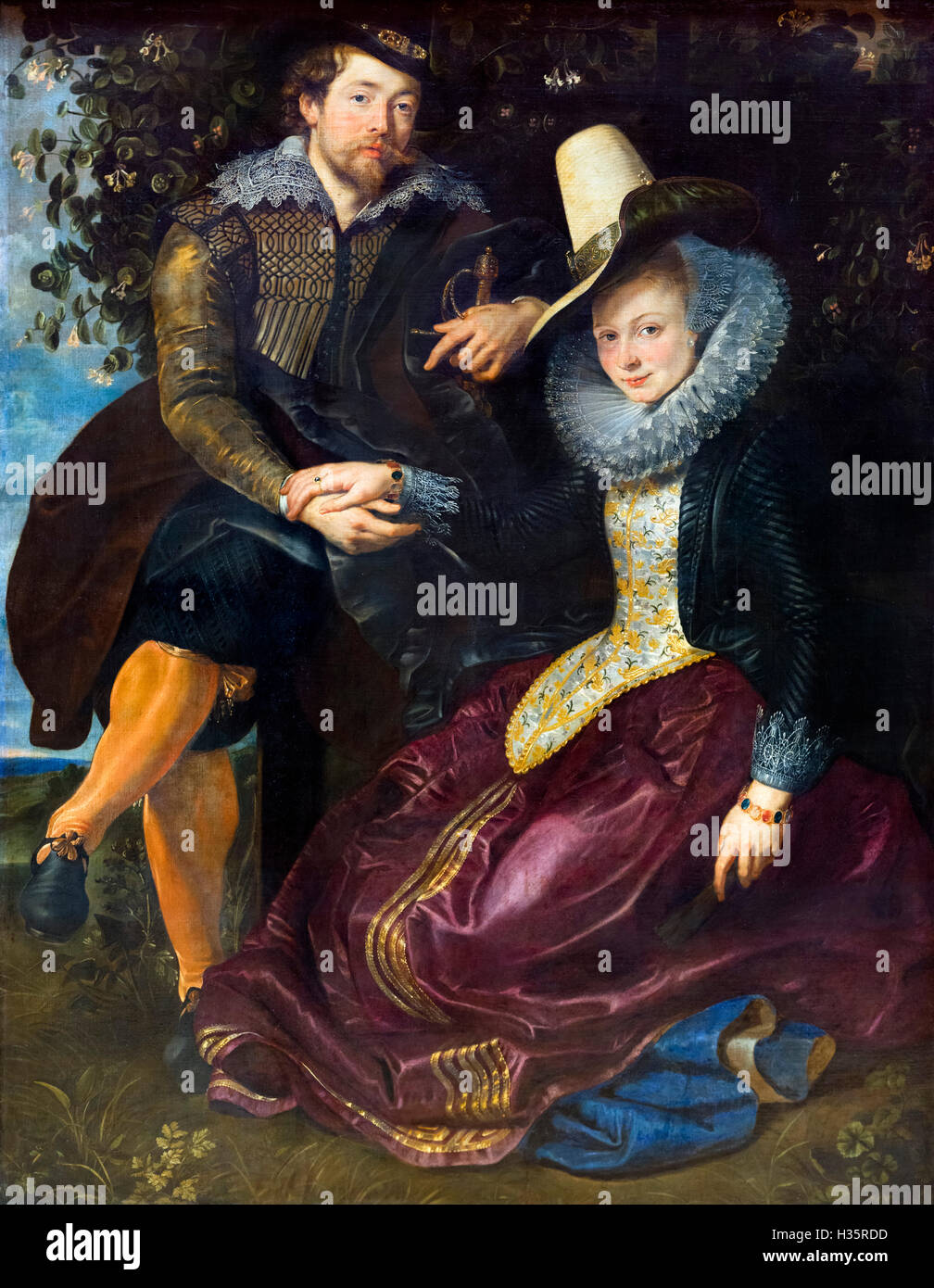 The Honeysuckle Bower, a self-portrait of the painter Peter Paul Rubens (1577-1640) and his first wife, Isabella Brant (1591-1626). Oil on canvas, c.1609. Stock Photo