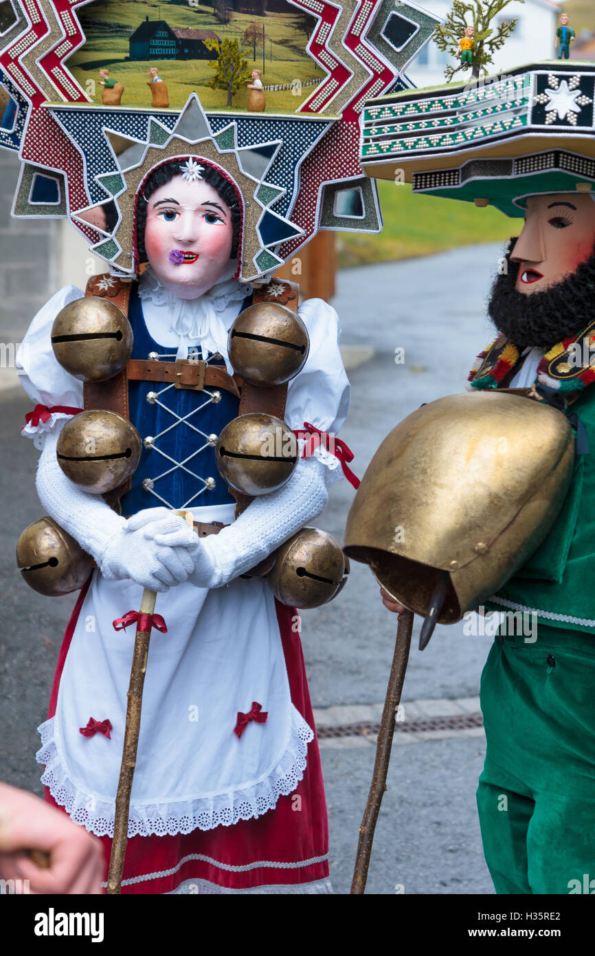 New Year Mummers in traditional costumes in Urnasch, Appenzell, Switzerland. Its part of the Silvesterchlausen tradition of gree Stock Photo