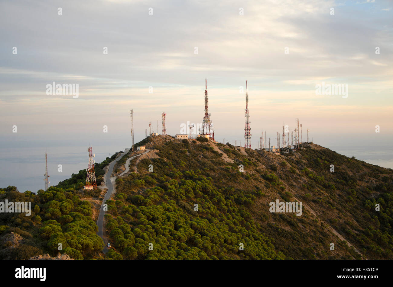 Communications masts, aerials, antennae above Mijas, Costa del Sol, Malaga Province, Spain. Stock Photo