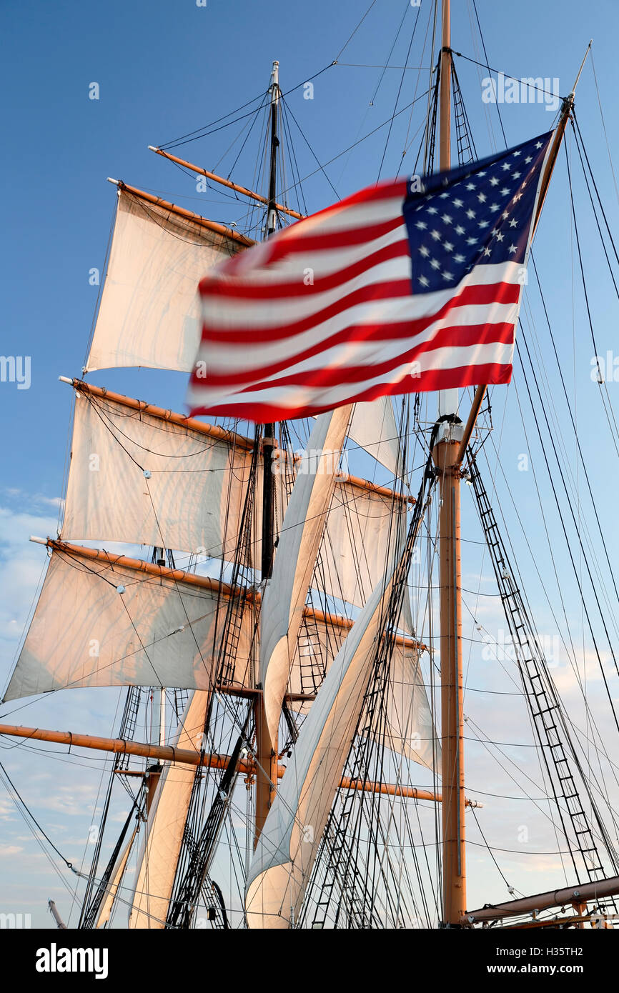 Sails and American flag, "Star of India" windjammer, Maritime Museum of