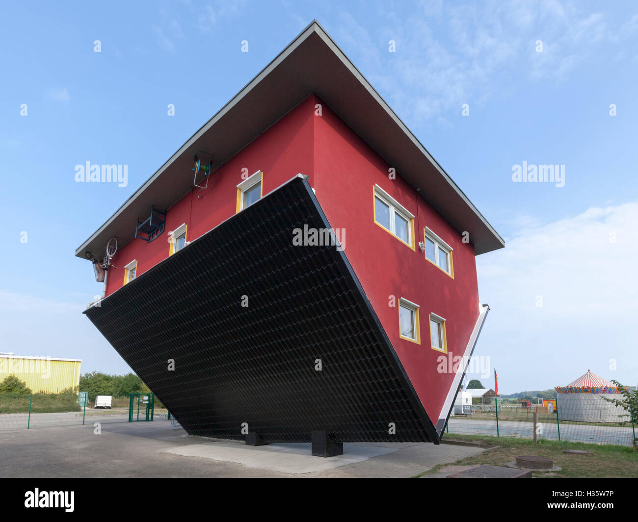 Upside down house at Putbus, Ruegen Stock Photo