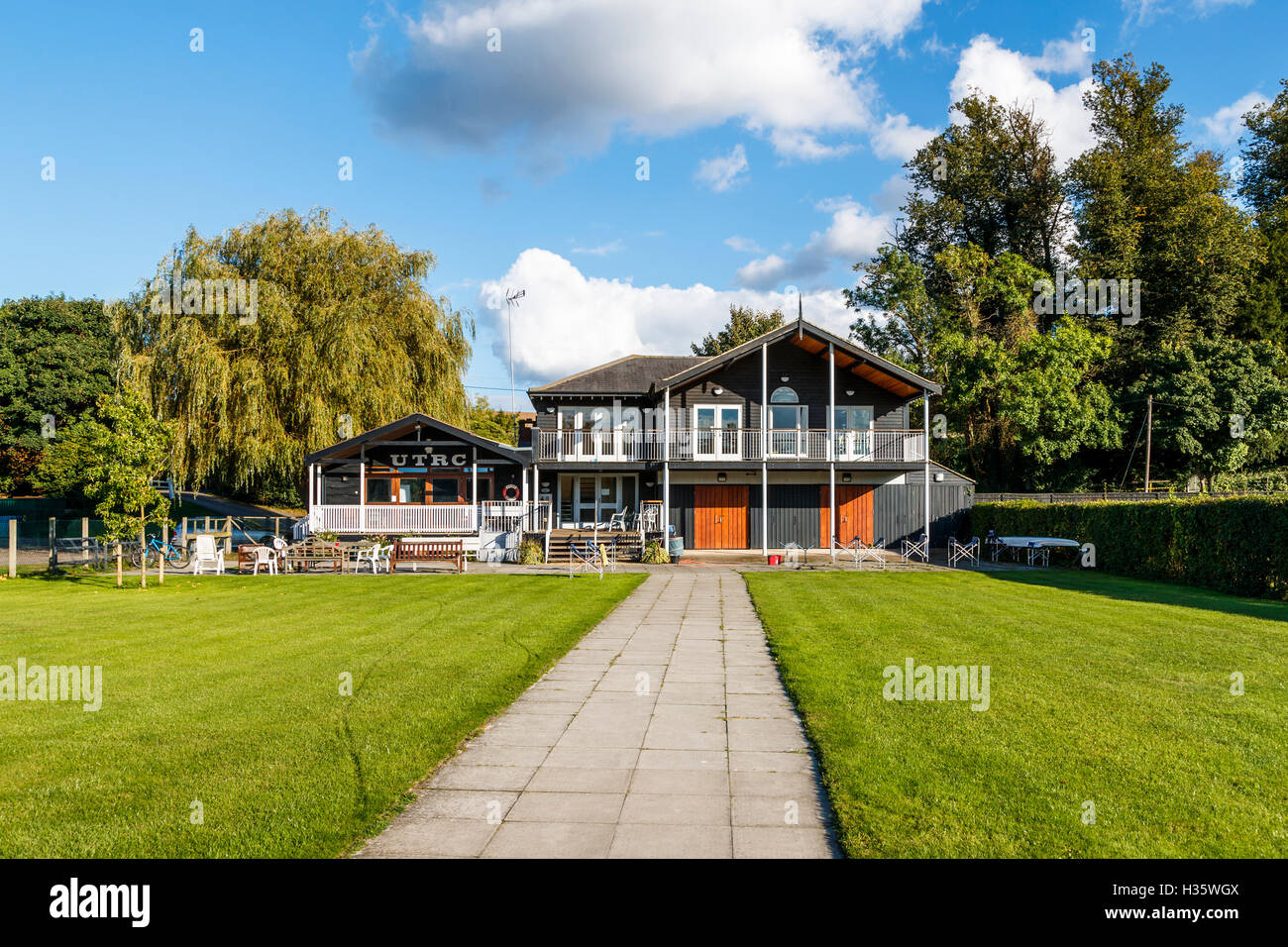 Clubhouse of the Upper Thames Rowing Club at Henley-on-Thames, Oxfordshire, UK on a sunny day with blue sky Stock Photo