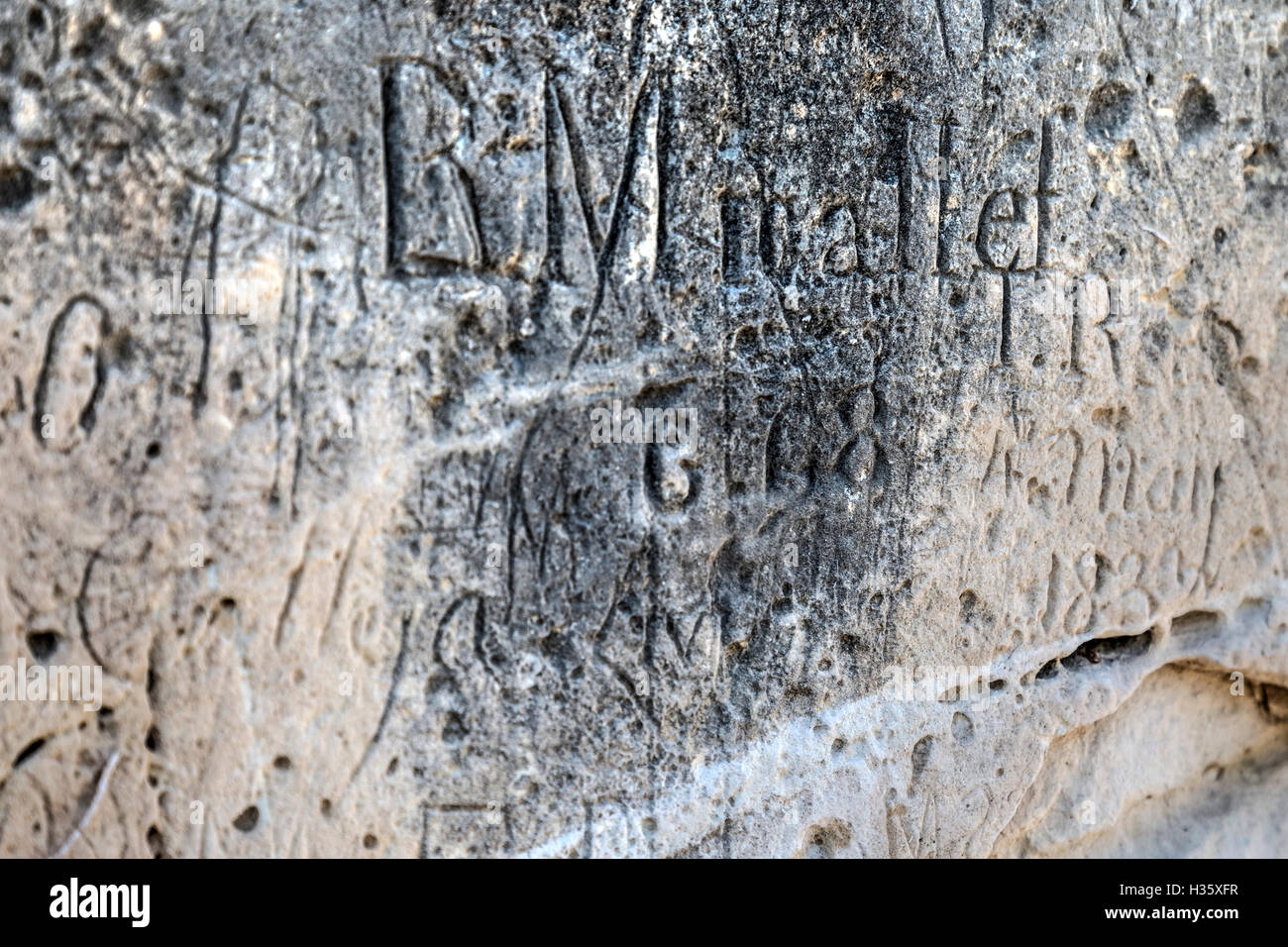 historical graffiti, Ggantija Temples, Gozo, Malta Stock Photo