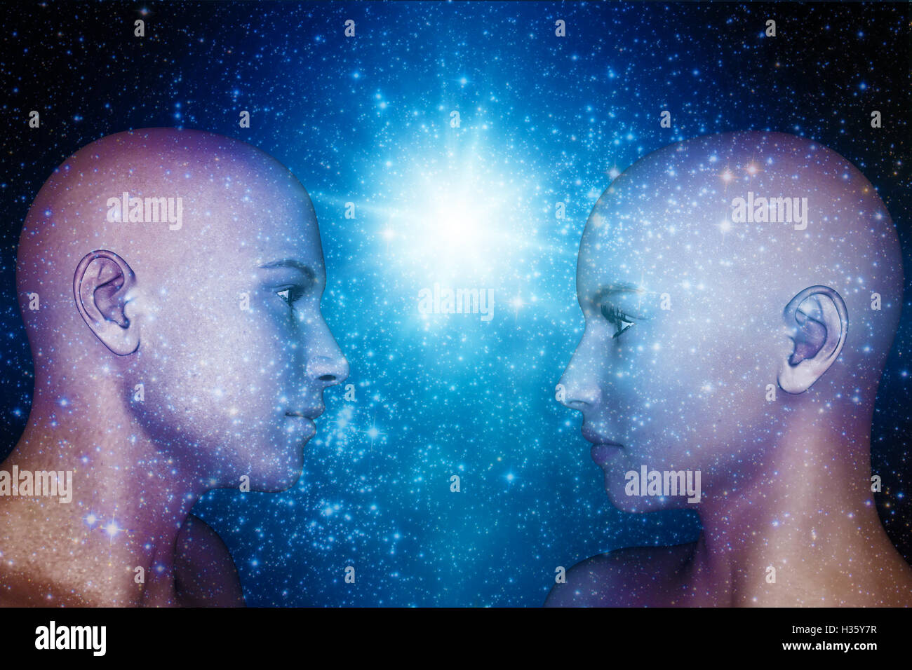 humanoid heads male and female, androids, future of humankind and telepathy concept Stock Photo