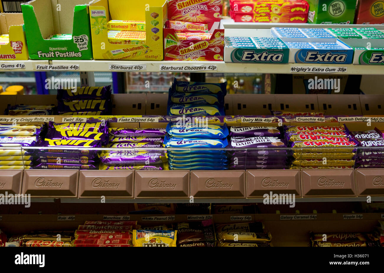 Detail of a shop display with gondola of sweets and chocolates. Stock Photo