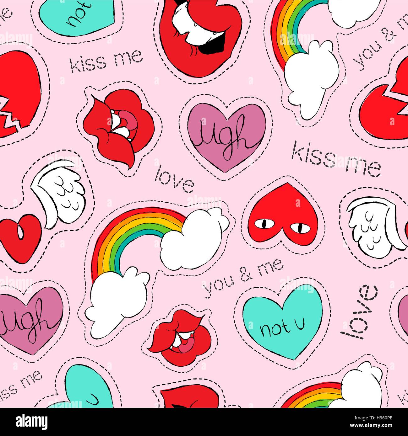 Love and romance hand drawn seamless pattern with cute icons in pink color, heart, kiss, rainbow designs. EPS10 vector. Stock Vector