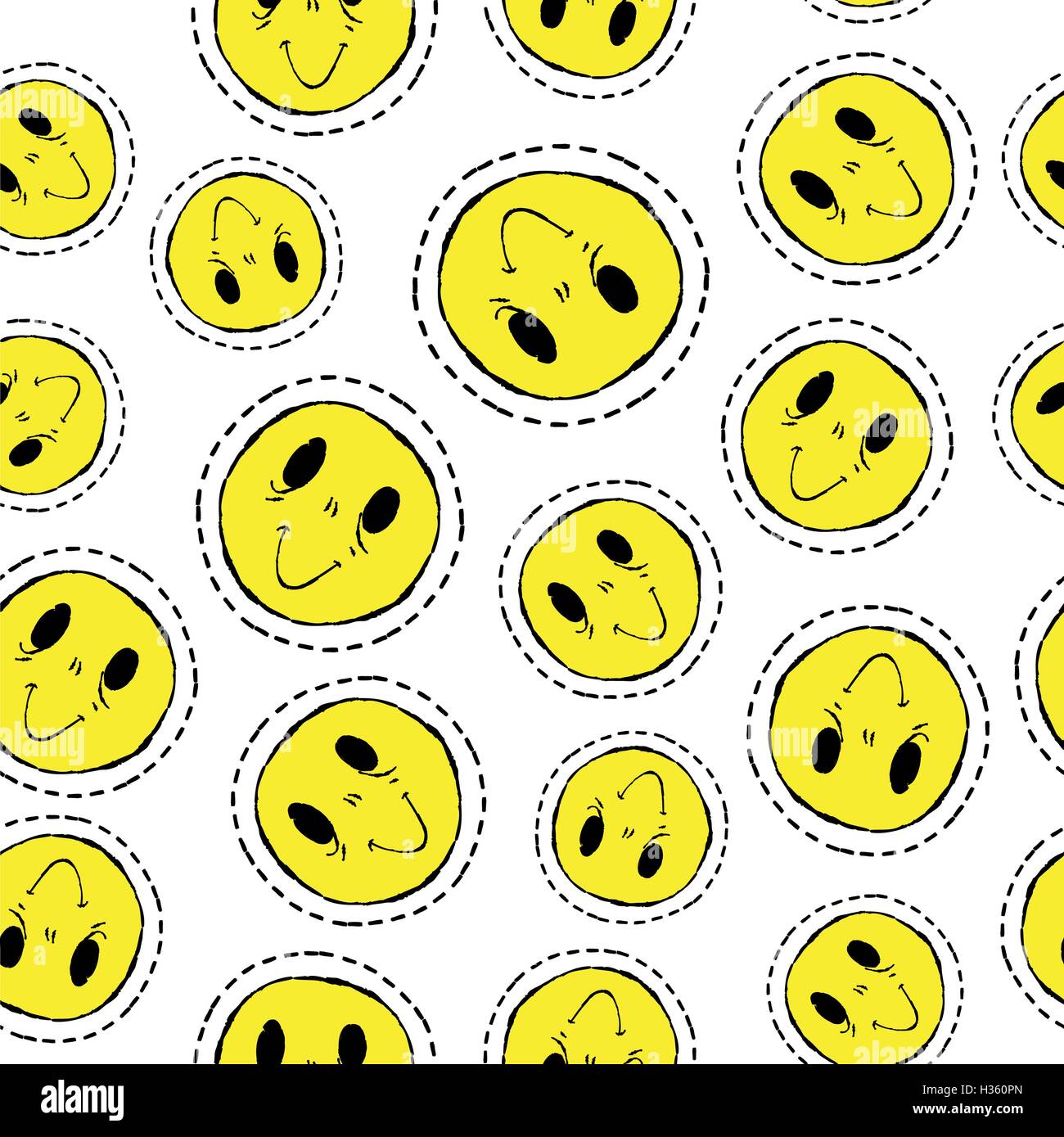 Retro 90s style hand drawn seamless pattern with smiley face patch icons in yellow color. Happy smile design emoji background . Stock Vector