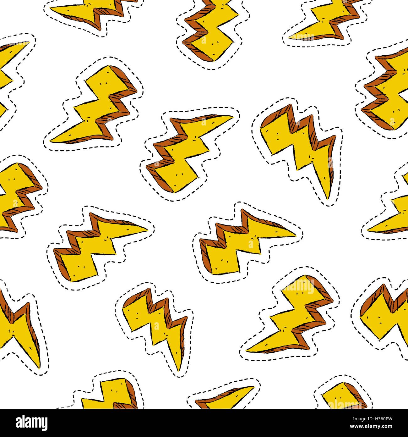 Hand drawn thunder bolt seamless pattern with electric ray patch icons, retro illustration background. EPS10 vector. Stock Vector