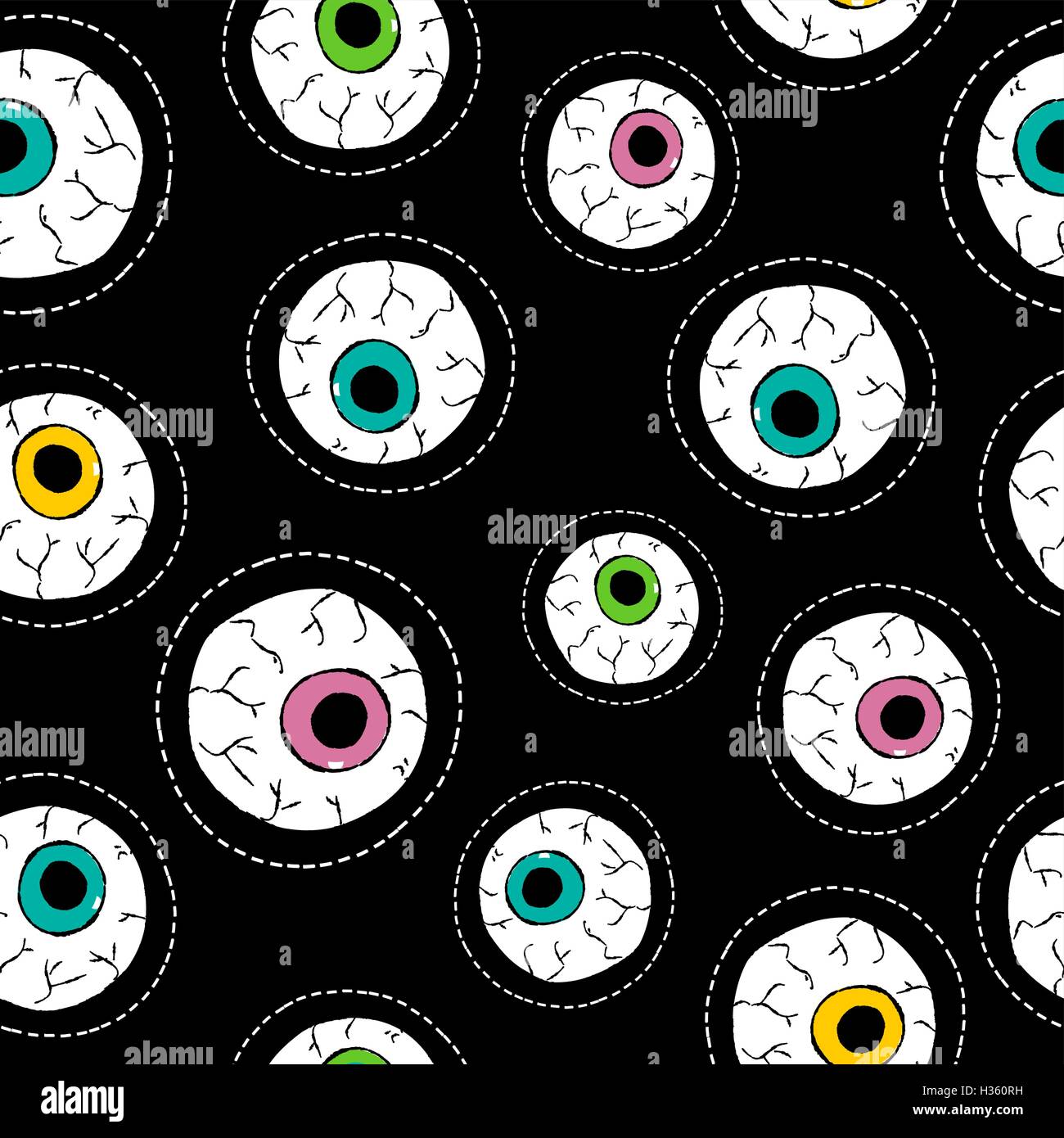 Hand drawn eyeball seamless pattern with human eye stitch patch icons in vibrant color. EPS10 vector. Stock Vector