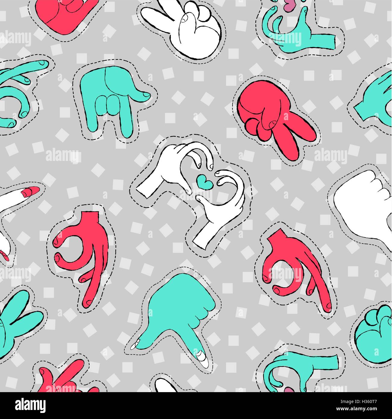 Retro style drawing social hand gestures seamless pattern with stitch ...