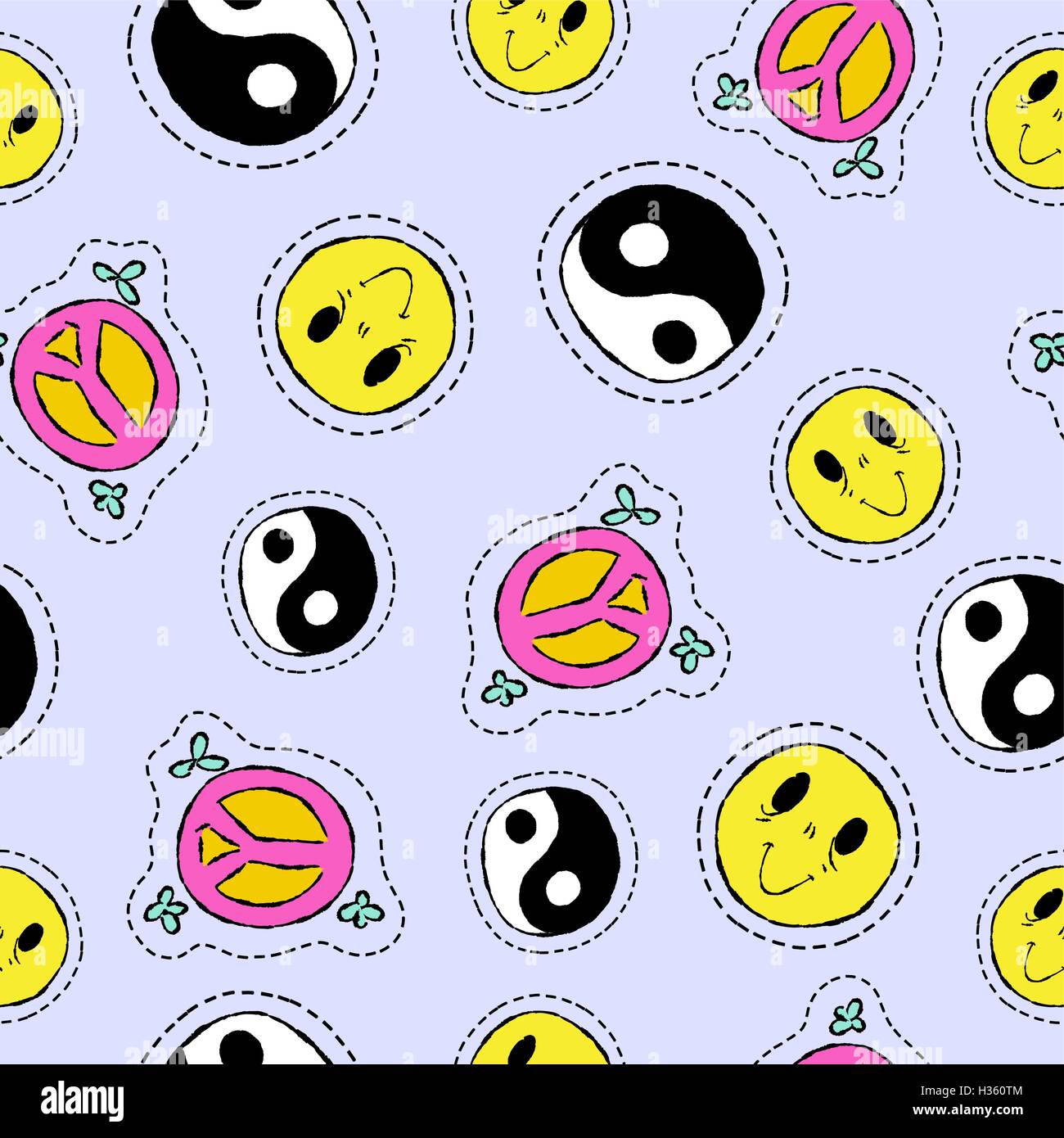 Hand drawn seamless pattern with retro 90s style patch icons. Smiley face, ying yang symbol and peace sign background. EPS10 vec Stock Vector